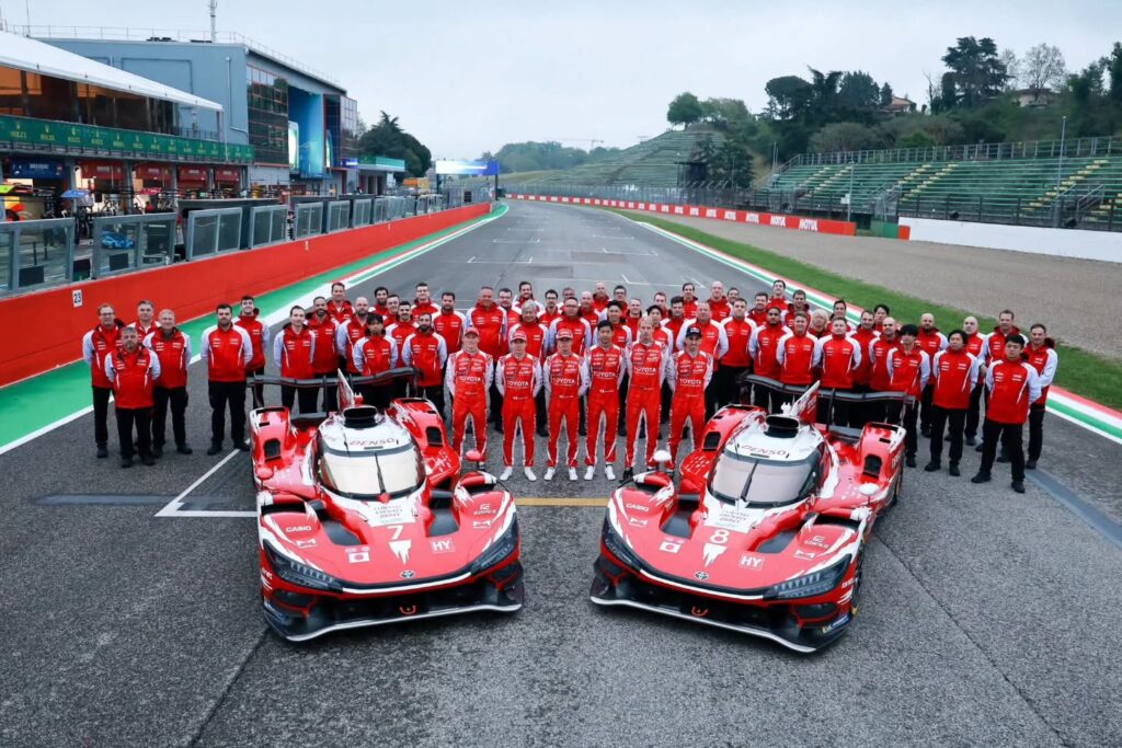 TOYOTA GAZOO Racing team group photo with Hypercars at Imola during FIA World Endurance Championship weekend