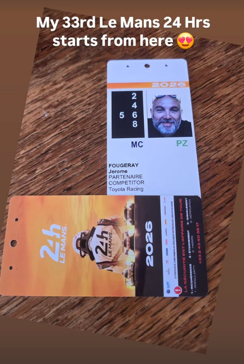 Jérôme Fougeray’s official accreditation badge for the 2026 Le Mans 24 Hours with TOYOTA GAZOO Racing in the FIA World Endurance Championship.