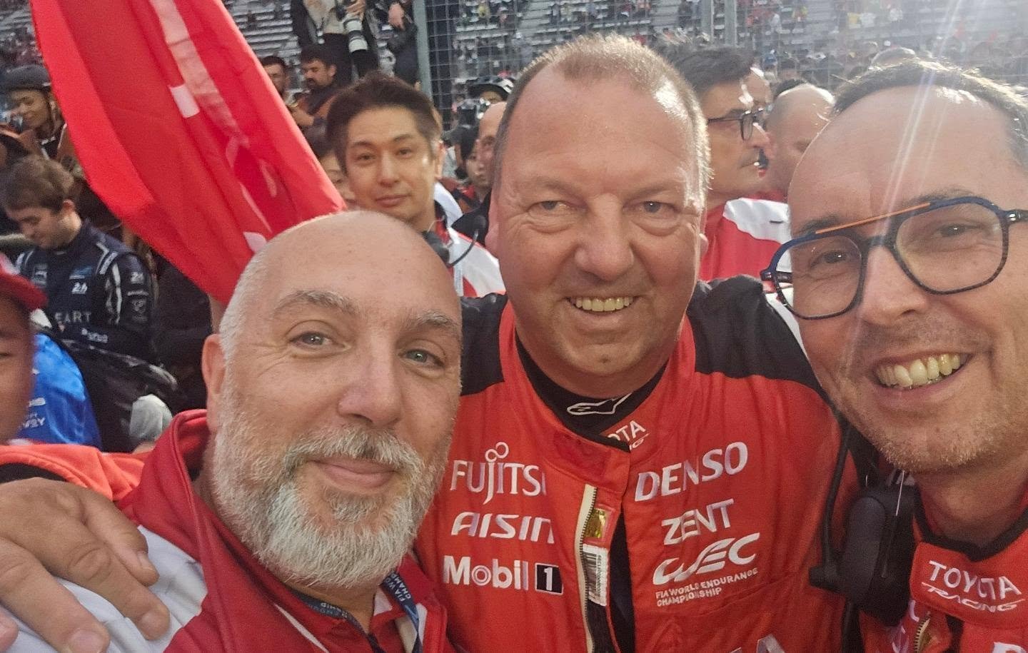 Toyota Racing team members celebrating together after the 2026 6 Hours of Fuji